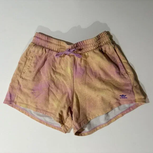 Adidas Originals Tie Dye Fleece Shorts Women’s Large Pink Yellow Trefoil HL6609 - Picture 5 of 9